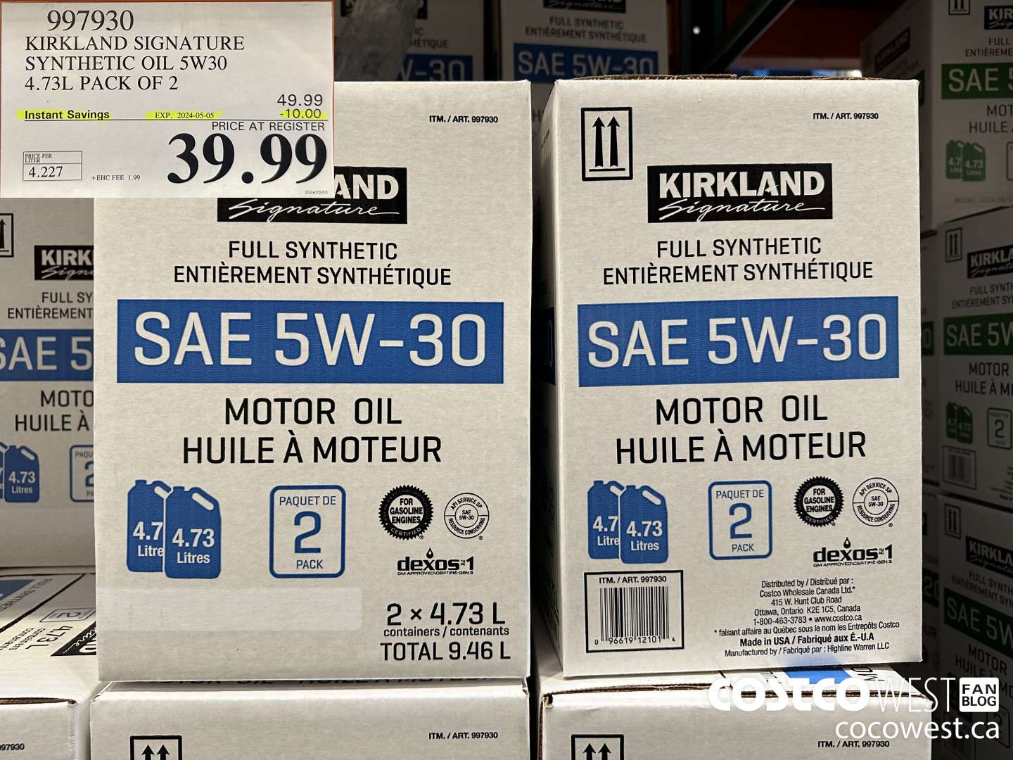 997930 KIRKLAND SIGNATURE SYNTHETIC OIL 5W30 4.73L PACK OF 2 ($10.00 INSTANT SAVINGS EXPIRES ON 2024-05-05) $39.99