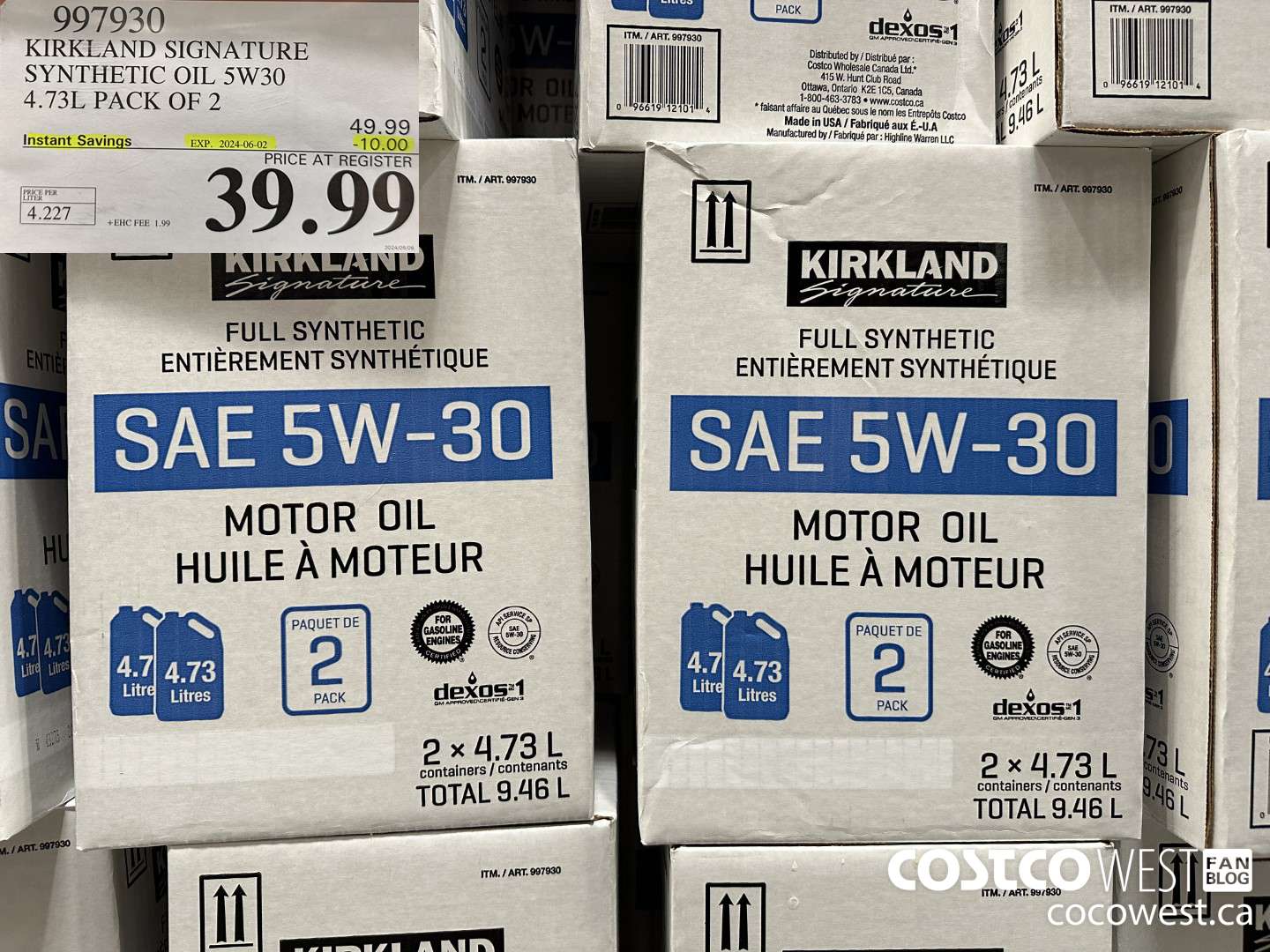 997930 KIRKLAND SIGNATURE SYNTHETIC OIL 5W30 4.73L PACK OF 2 ($10.00 INSTANT SAVINGS EXPIRES ON 2024-06-02) $39.99