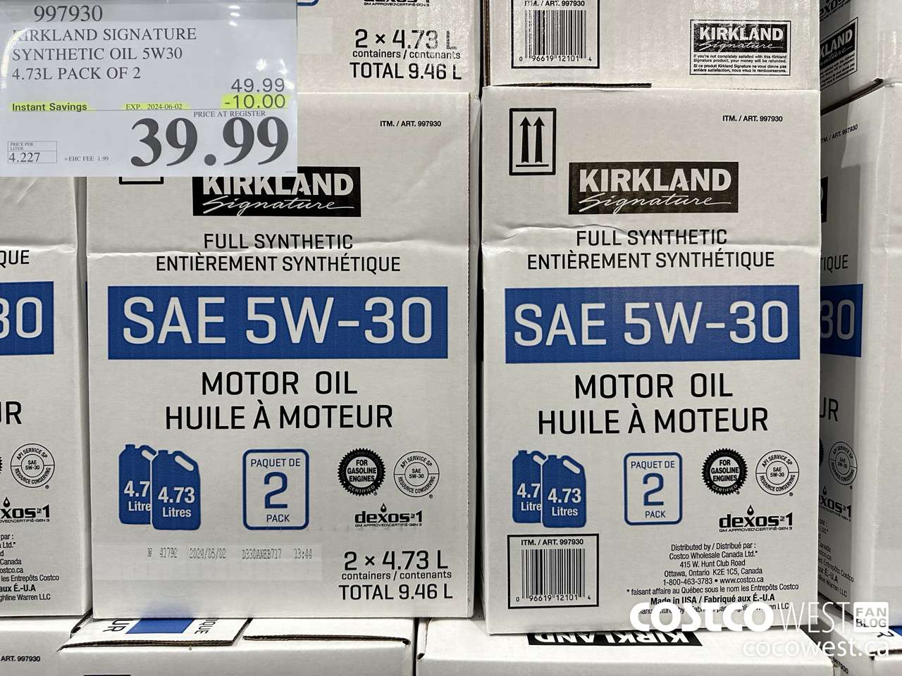 997930 KIRKLAND SIGNATURE SYNTHETIC OIL 5W30 4.73L PACK OF 2 ($10.00 INSTANT SAVINGS EXPIRES ON 2024-06-02) $39.99