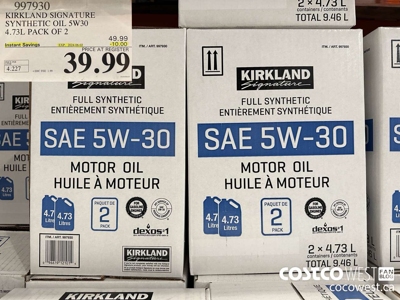 997930 KIRKLAND SIGNATURE SYNTHETIC OIL 5W30 4.73L PACK OF 2 ($10.00 INSTANT SAVINGS EXPIRES ON 2024-06-02) $39.99