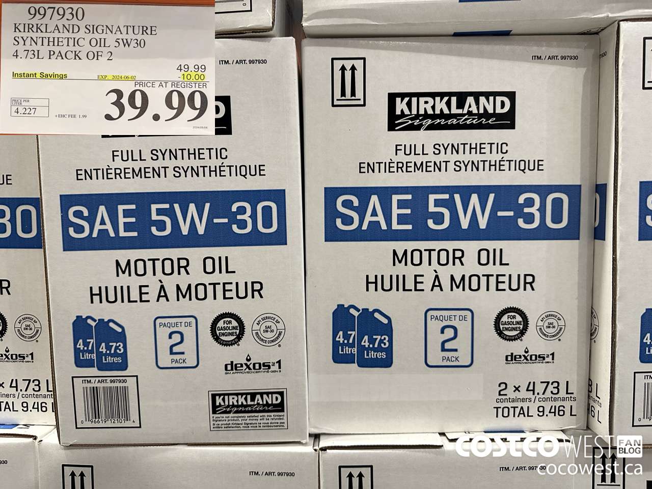 997930 KIRKLAND SIGNATURE SYNTHETIC OIL 5W30 4.73L PACK OF 2 ($10.00 INSTANT SAVINGS EXPIRES ON 2024-06-02) $39.99