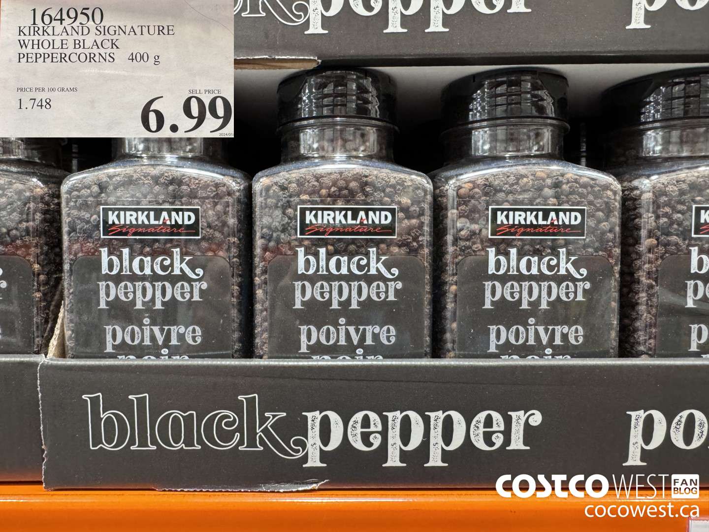 164950 KIRKLAND SIGNATURE WHOLE BLACK PEPPERCORNS 400 G $6.99