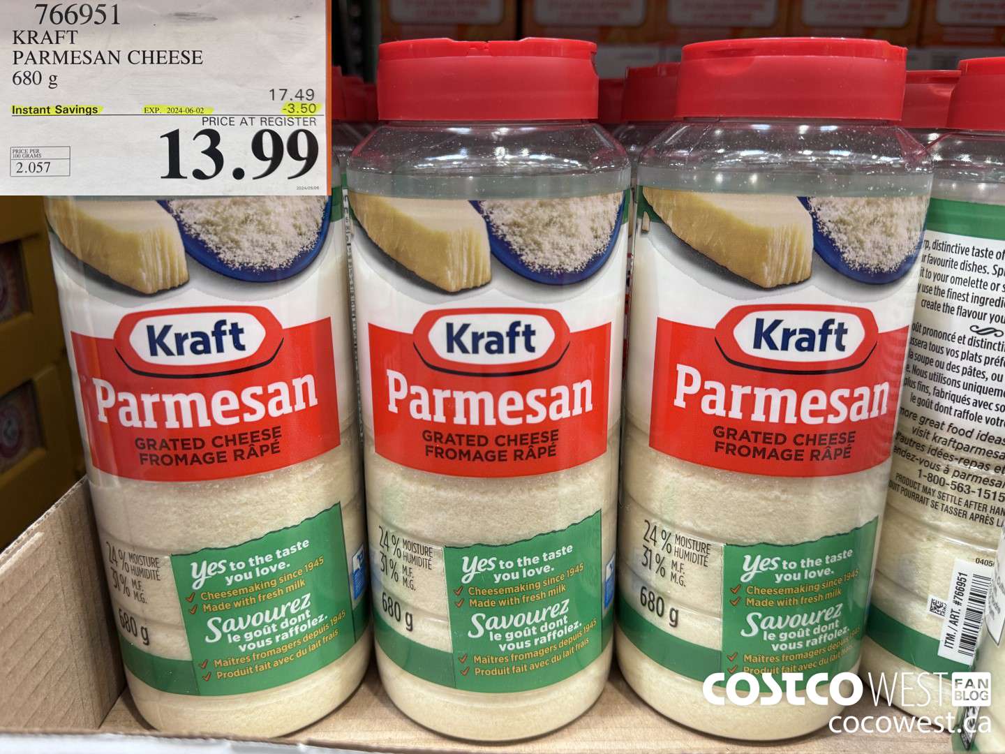 766951 KRAFT PARMESAN CHEESE 680 g ($3.50 INSTANT SAVINGS EXPIRES ON 2024-06-02) $13.99