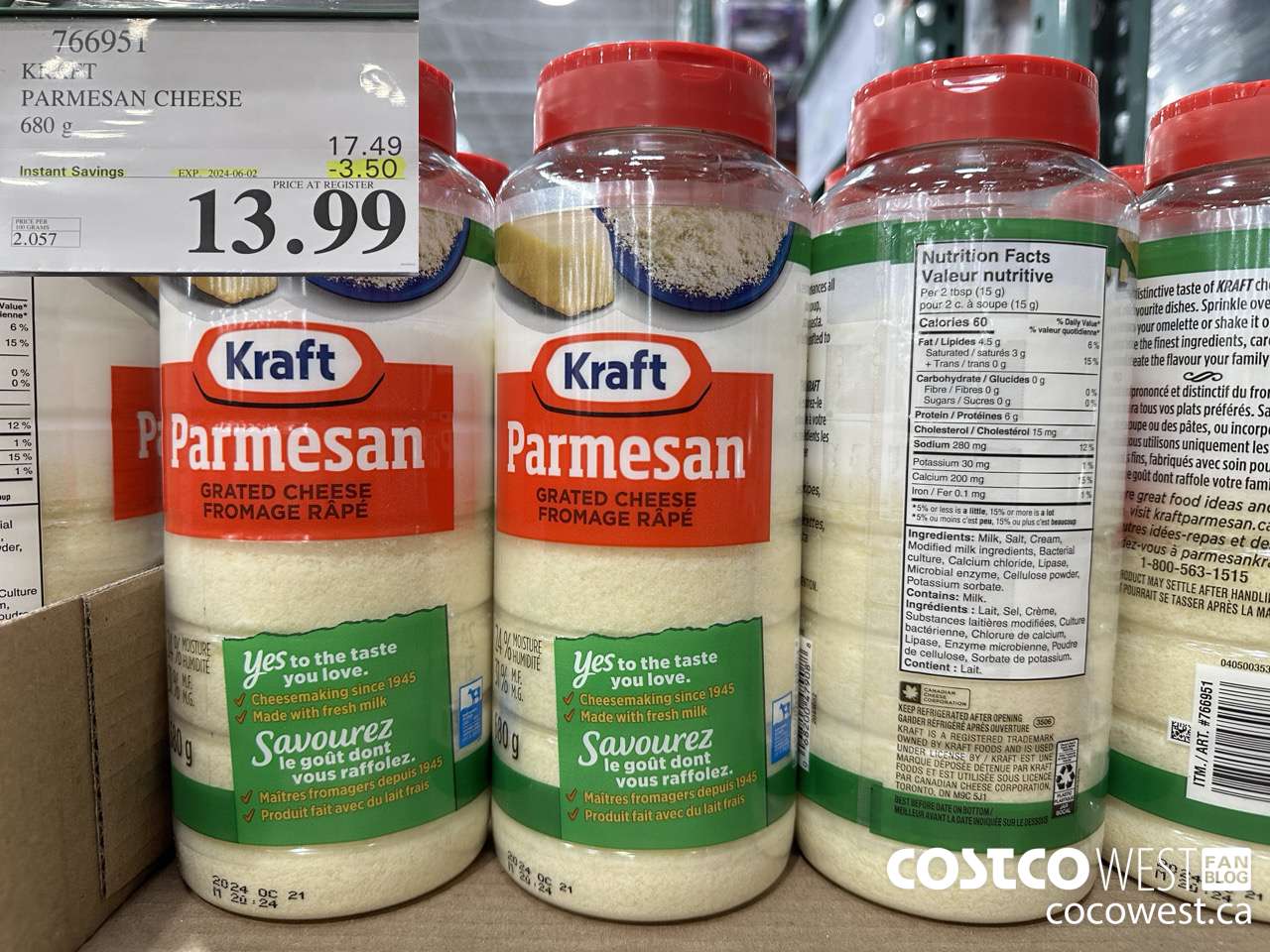 766951 KRAFT PARMESAN CHEESE 680 g ($3.50 INSTANT SAVINGS EXPIRES ON 2024-06-02) $13.99