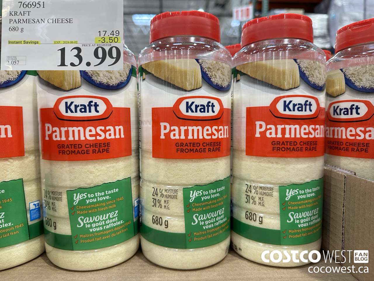 766951 KRAFT PARMESAN CHEESE 680 g ($3.50 INSTANT SAVINGS EXPIRES ON 2024-06-02) $13.99