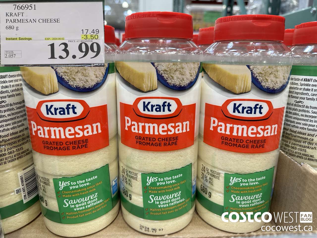 766951 KRAFT PARMESAN CHEESE 680 g ($3.50 INSTANT SAVINGS EXPIRES ON 2024-06-02) $13.99