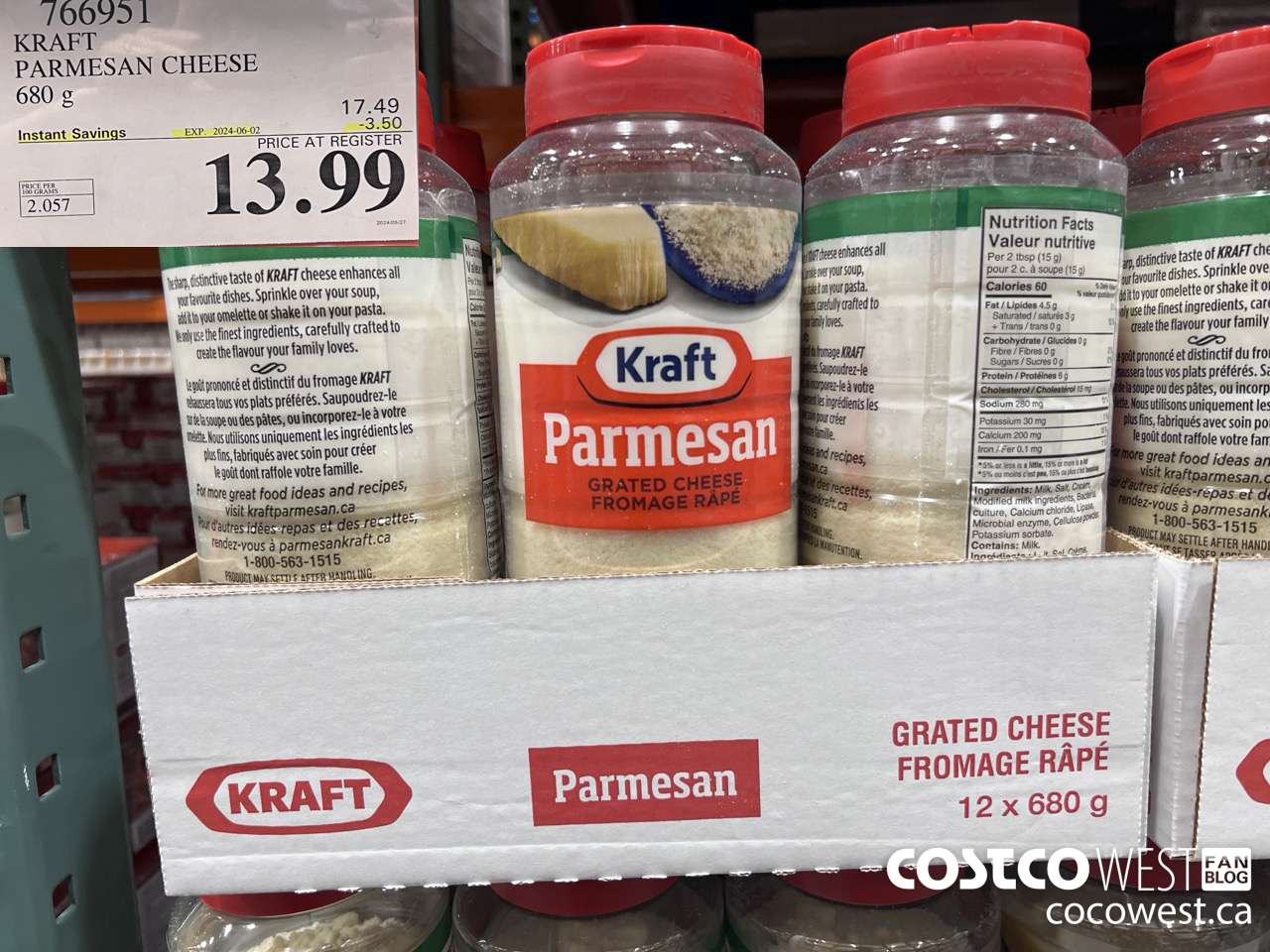 766951 KRAFT PARMESAN CHEESE 680 g ($3.50 INSTANT SAVINGS EXPIRES ON 2024-06-02) $13.99