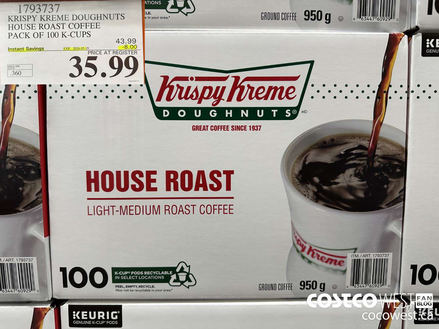 1793737 KRISPY KREME DOUGHNUTS HOUSE ROAST COFFEE PACK OF 100 K-CUPS ($8.00 INSTANT SAVINGS EXPIRES ON 2024-05-19) $35.99