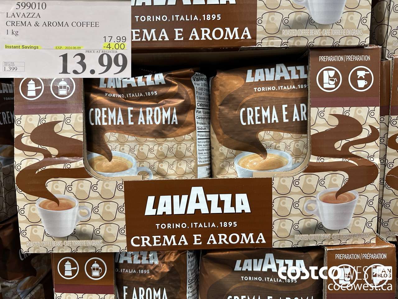 599010 LAVAZZA CREMA & AROMA COFFEE 1KG ($4.00 INSTANT SAVINGS EXPIRES ON 2024-06-09) $13.99