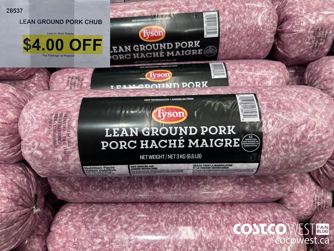 28537 LEAN GROUND PORK CHUB 3KG ($4.00 INSTANT SAVINGS)