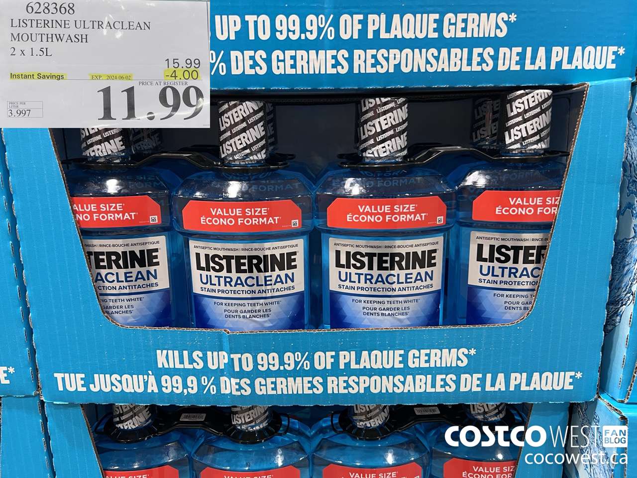 628368 LISTERINE ULTRACLEAN MOUTHWASH 2 X 1.5L ($4.00 INSTANT SAVINGS EXPIRES ON 2024-06-02) $11.99