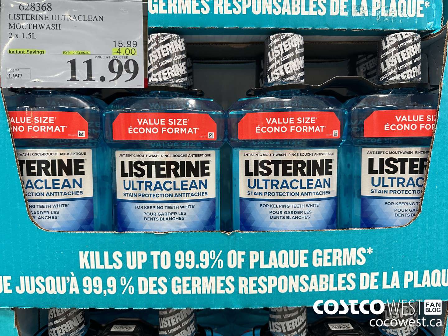 628368 LISTERINE ULTRACLEAN MOUTHWASH 2 X 1.5L ($4.00 INSTANT SAVINGS EXPIRES ON 2024-06-02) $11.99