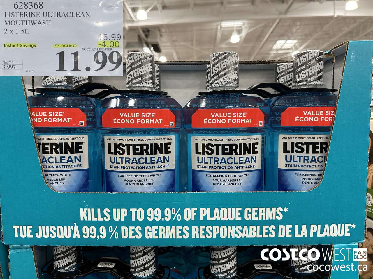 628368 LISTERINE ULTRACLEAN MOUTHWASH 2 X 1.5L ($4.00 INSTANT SAVINGS EXPIRES ON 2024-06-02) $11.99