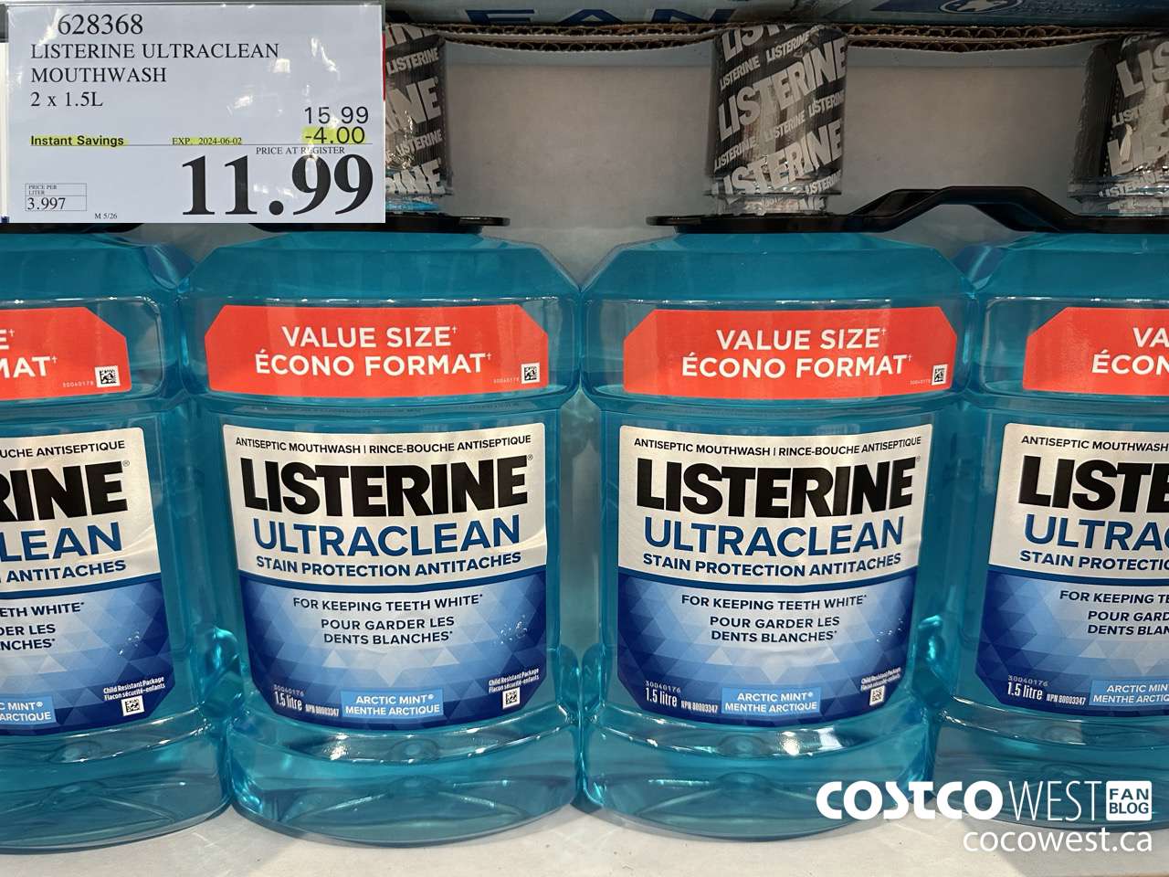 628368 LISTERINE ULTRACLEAN MOUTHWASH 2 X 1.5L ($4.00 INSTANT SAVINGS EXPIRES ON 2024-06-02) $11.99