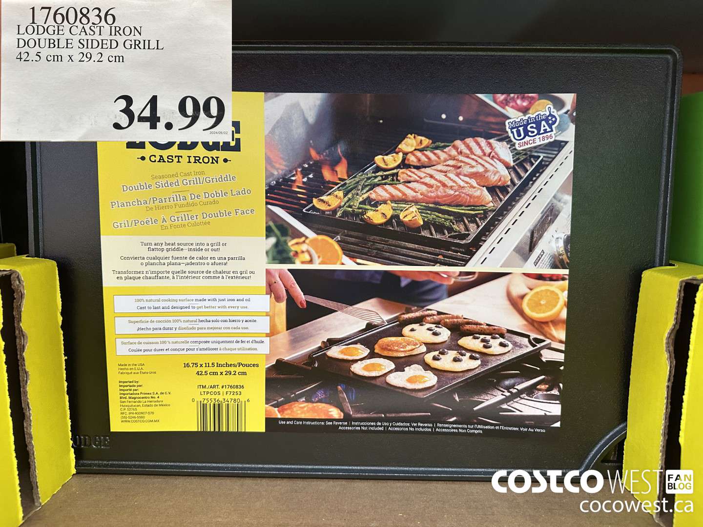 1760836 LODGE CAST IRON DOUBLE SIDED GRILL 42.5CM X 29.2 CM $34.99