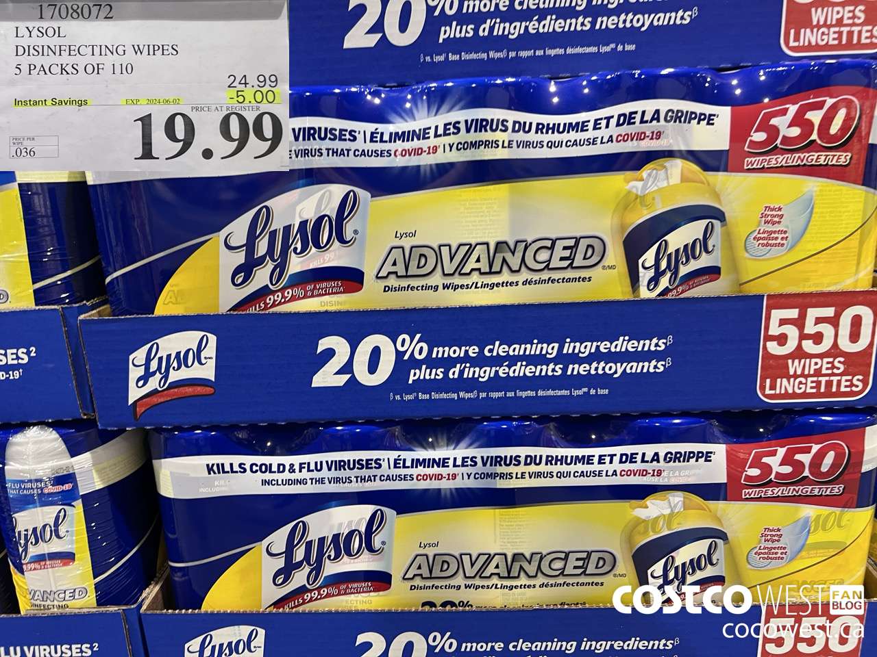 1708072 LYSOL DISINFECTING WIPES 5 X 110 WIPES ($5.00 INSTANT SAVINGS EXPIRES ON 2024-06-02) $19.99