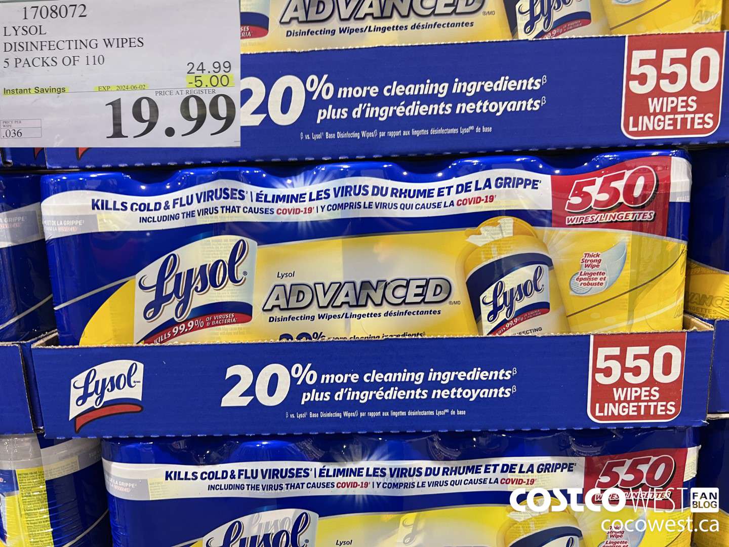 1708072 LYSOL DISINFECTING WIPES 5 X 110 WIPES ($5.00 INSTANT SAVINGS EXPIRES ON 2024-06-02) $19.99