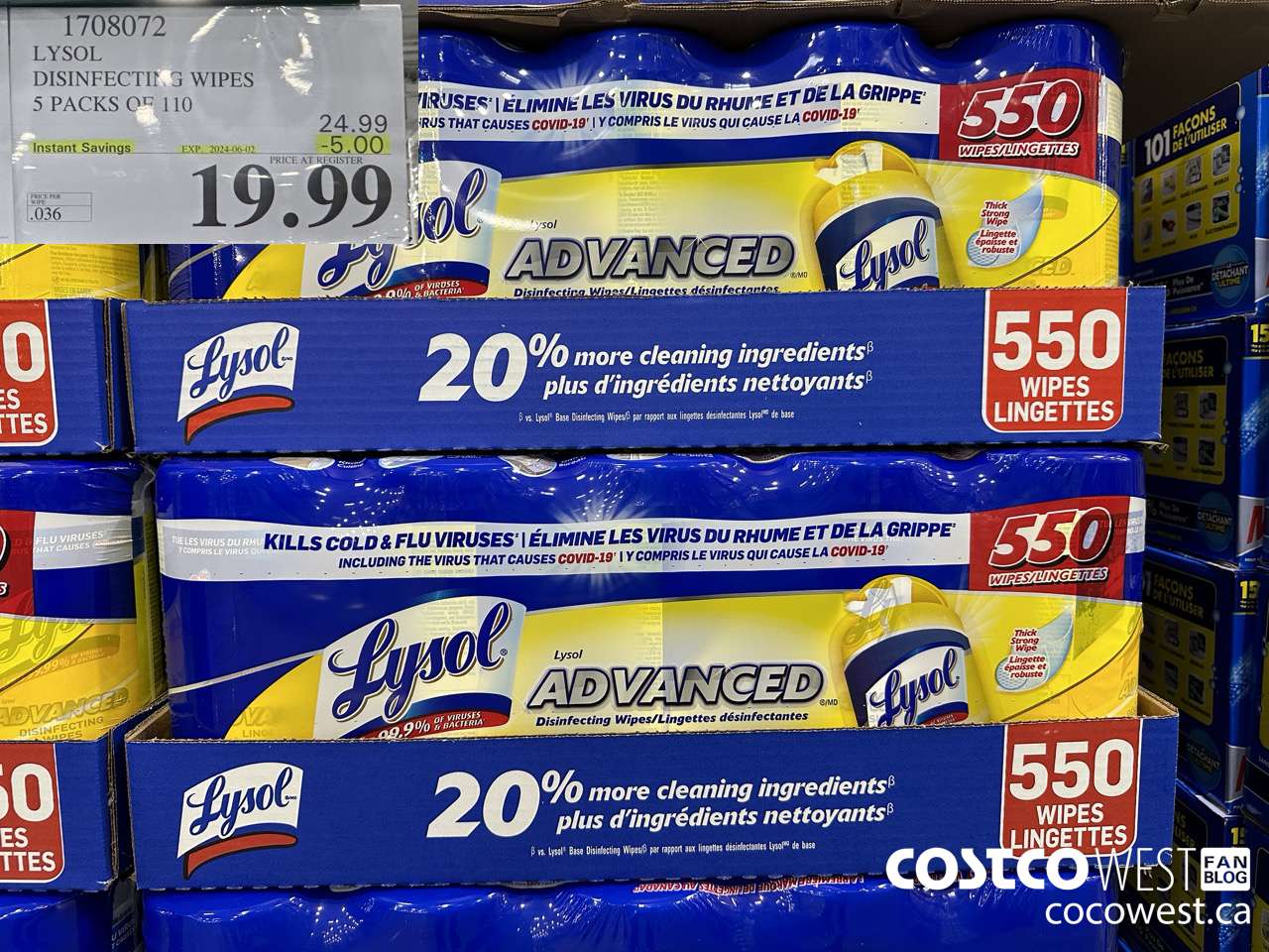 1708072 LYSOL DISINFECTING WIPES 5 X 110 WIPES ($5.00 INSTANT SAVINGS EXPIRES ON 2024-06-02) $19.99
