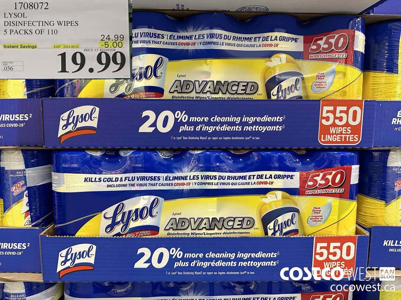 1708072 LYSOL DISINFECTING WIPES 5 X 110 WIPES ($5.00 INSTANT SAVINGS EXPIRES ON 2024-06-02) $19.99