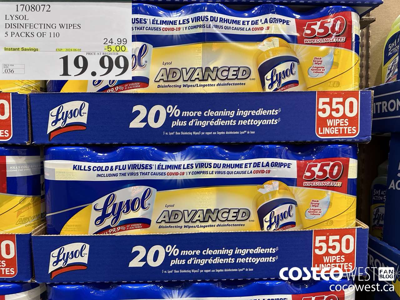 1708072 LYSOL DISINFECTING WIPES 5 X 110 WIPES ($5.00 INSTANT SAVINGS EXPIRES ON 2024-06-02) $19.99