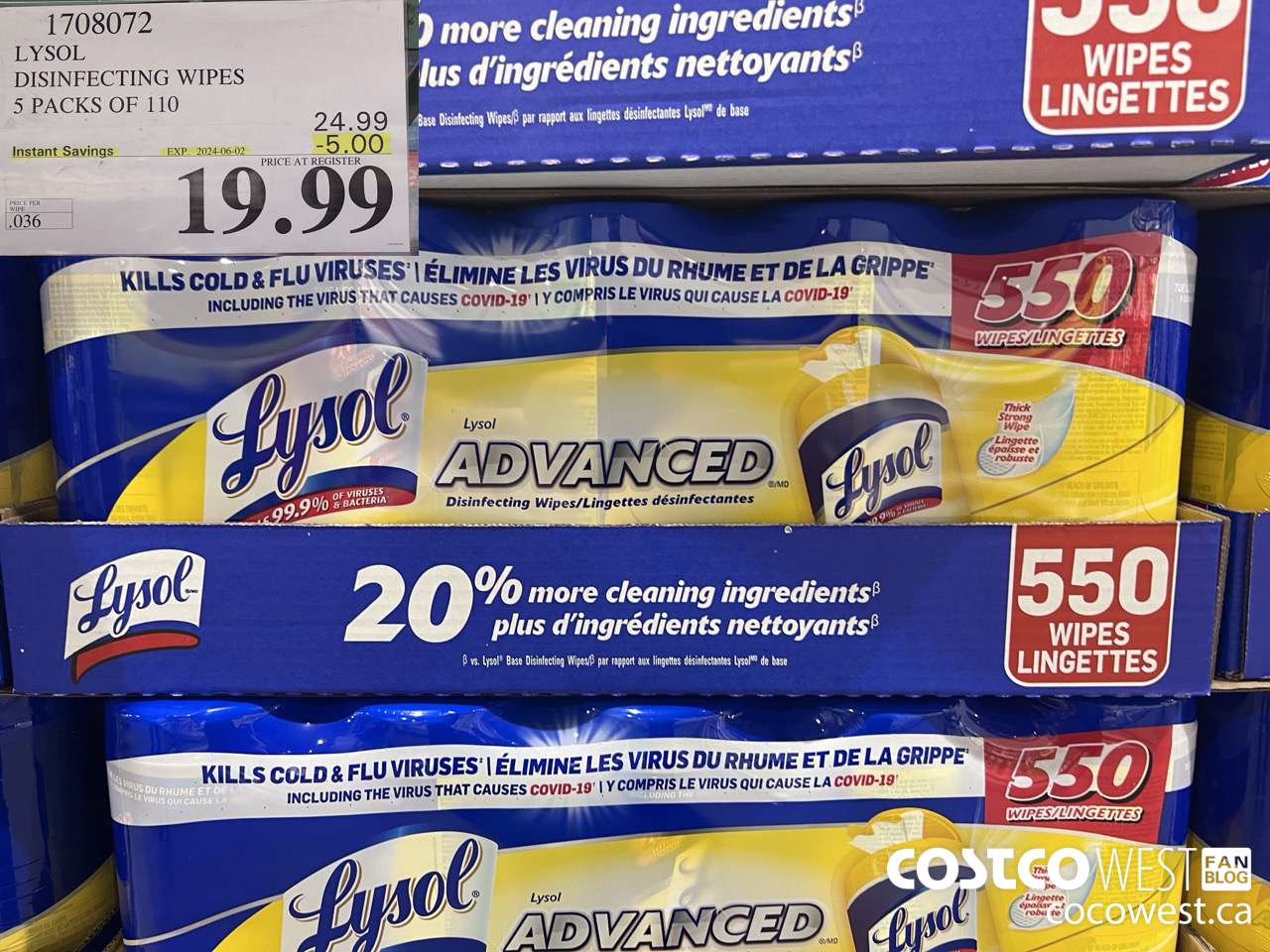 1708072 LYSOL DISINFECTING WIPES 5 X 110 WIPES ($5.00 INSTANT SAVINGS EXPIRES ON 2024-06-02) $19.99