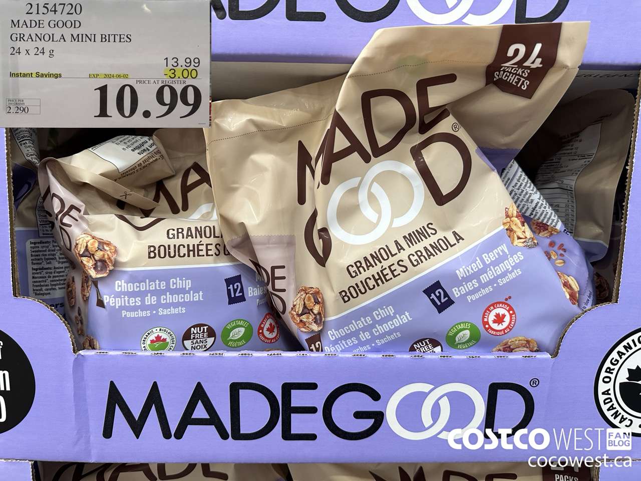 2154720 MADE GOOD GRANOLA MINI BITES 24 X 24G ($3.00 INSTANT SAVINGS EXPIRES ON 2024-06-02) $10.99