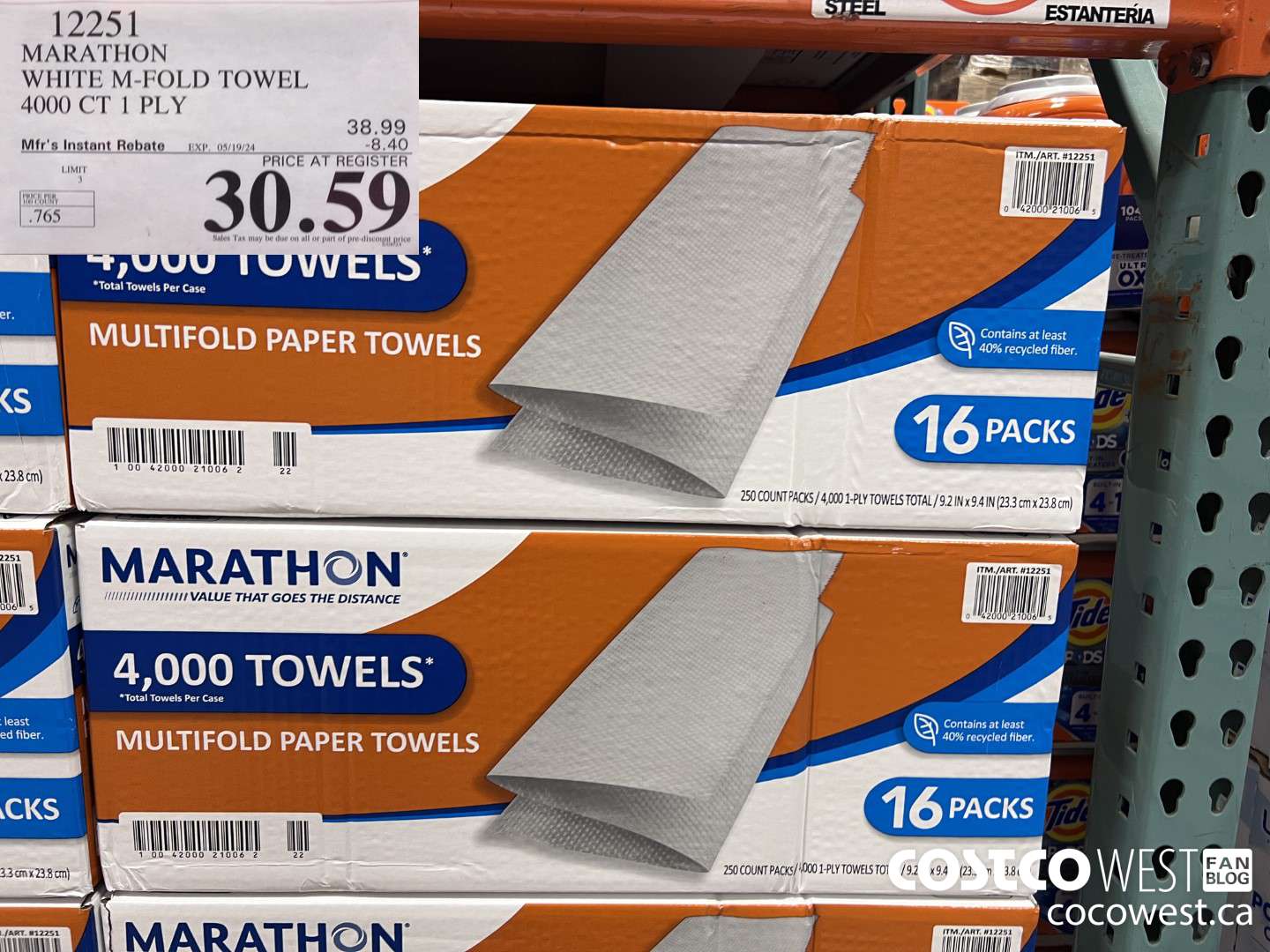 12251 MARATHON WHITE M-FOLD TOWEL 4000 CT 1 PLY ($8.40 INSTANT SAVINGS EXPIRES ON 2024-05-19) $30.59