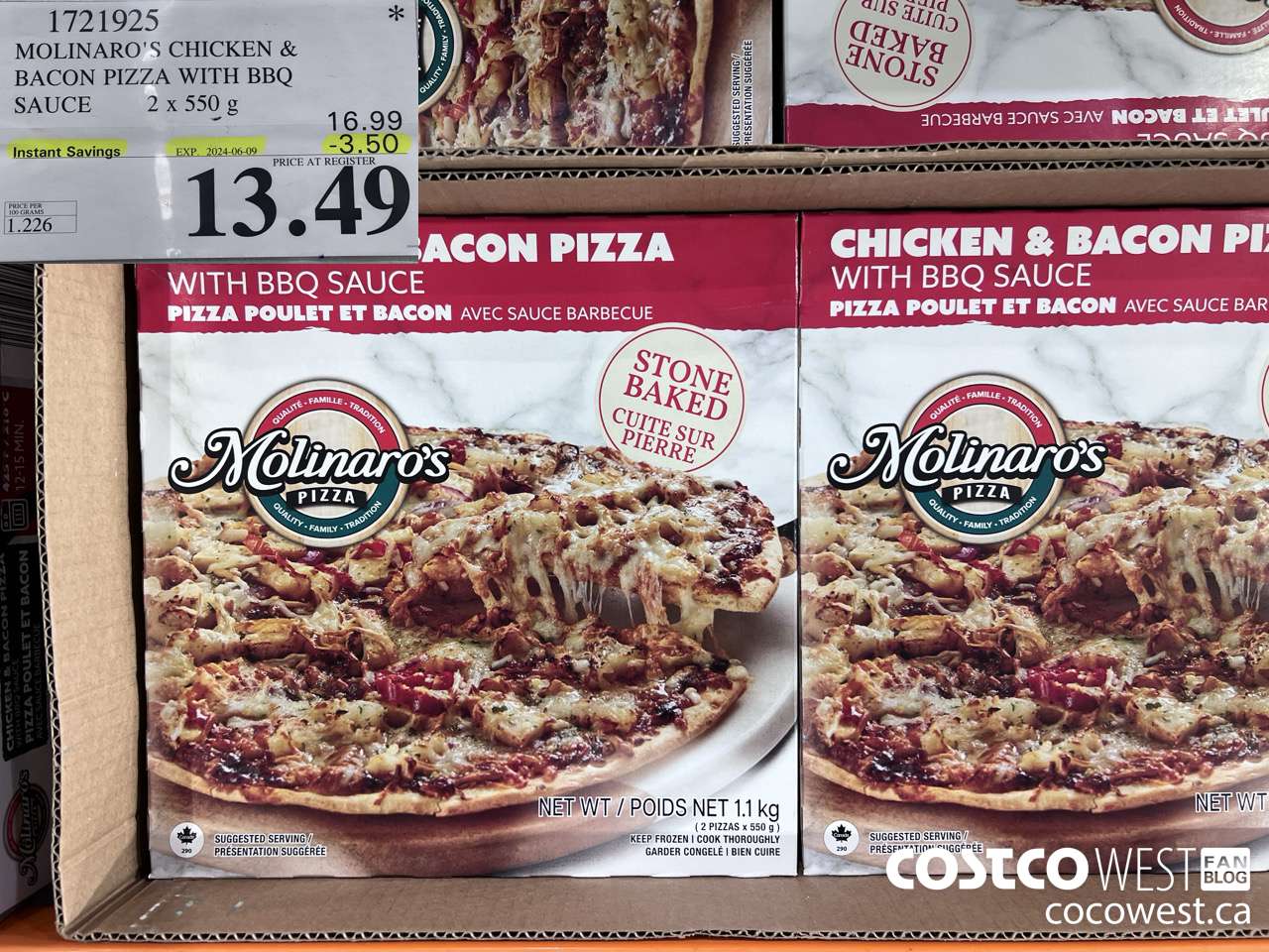1721925 MOLINARO'S CHICKEN & BACON PIZZA WITH BBQ SAUCE 2x550g ($3.50 INSTANT SAVINGS EXPIRES ON 2024-06-09) $13.49