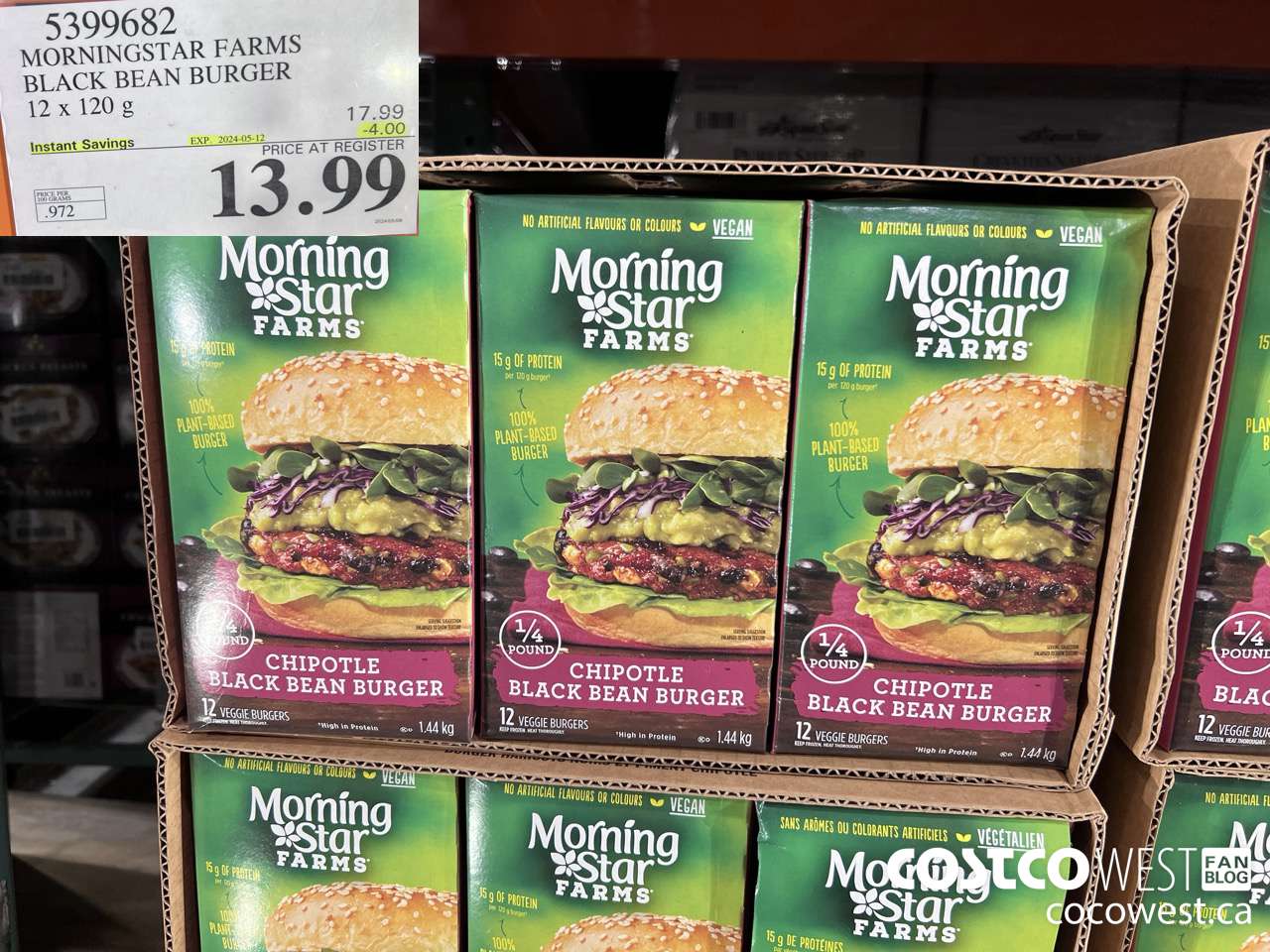 5399682 MORNINGSTAR FARMS BLACK BEAN BURGER 12 x 120g ($4.00 INSTANT SAVINGS EXPIRES ON 2024-05-12) $13.99