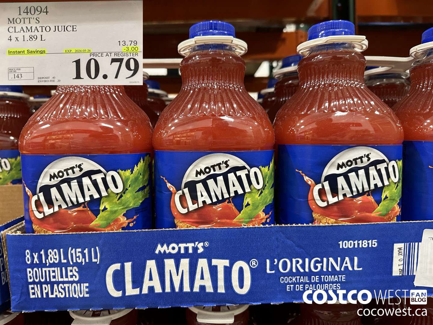 14094 MOTTS CLAMATO JUICE 4 X 1.89 L ($3.00 INSTANT SAVINGS EXPIRES ON 2024-05-26) $10.79