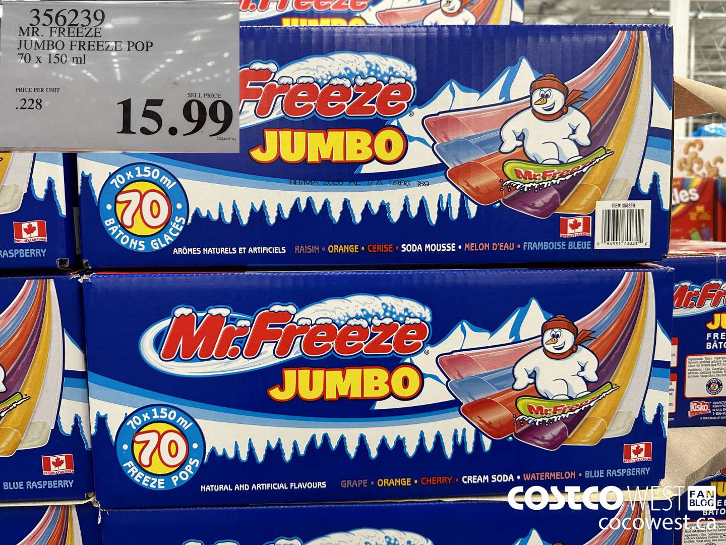 356239 MR. FREEZE JUMBO FREEZE POP 70 x 150 mL $15.99