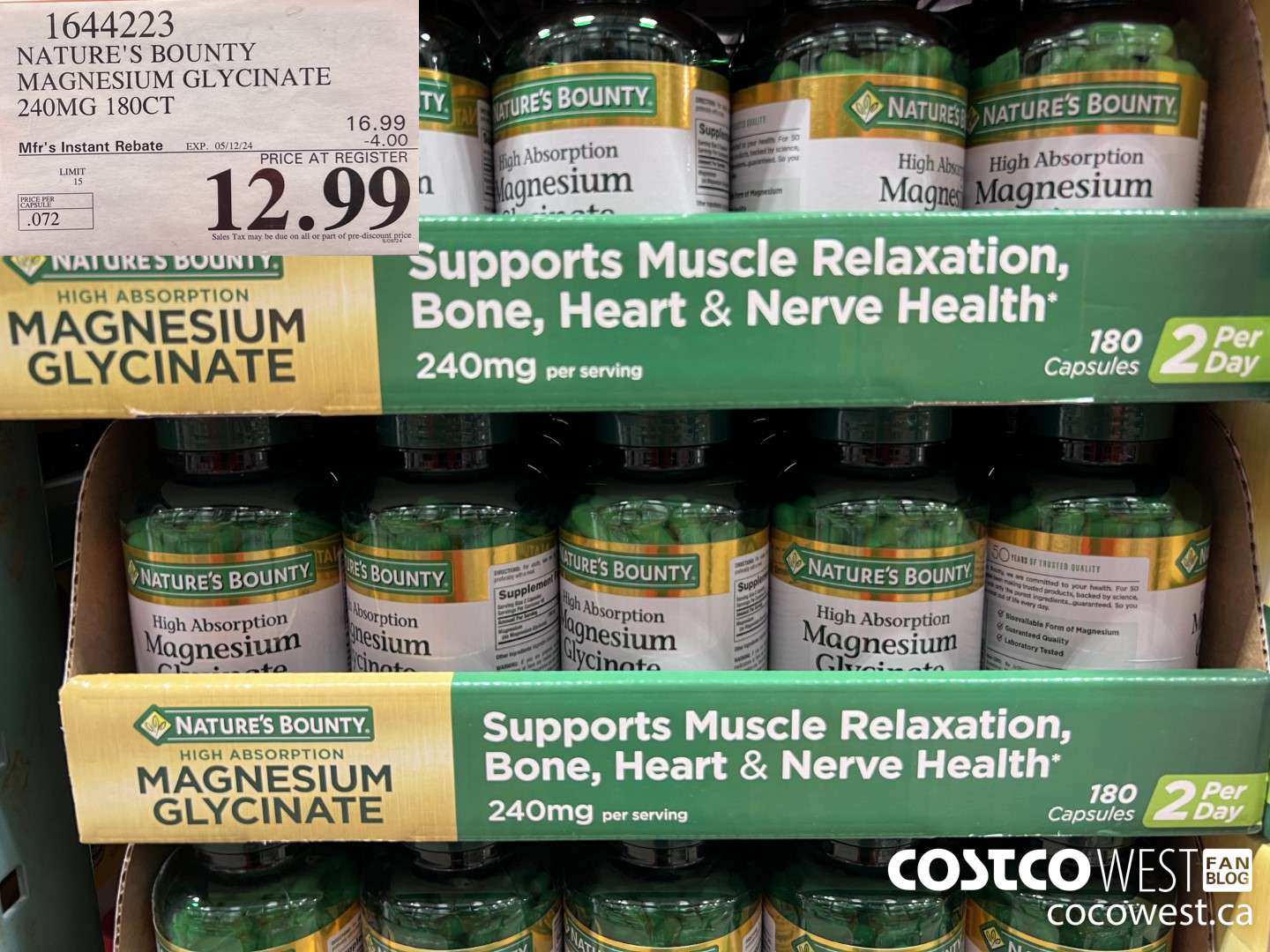 1644223 NATURE'S BOUNTY MAGNESIUM GLYCINATE 240MG 180CT ($4.00 INSTANT SAVINGS EXPIRES ON 2024-05-12) $12.99