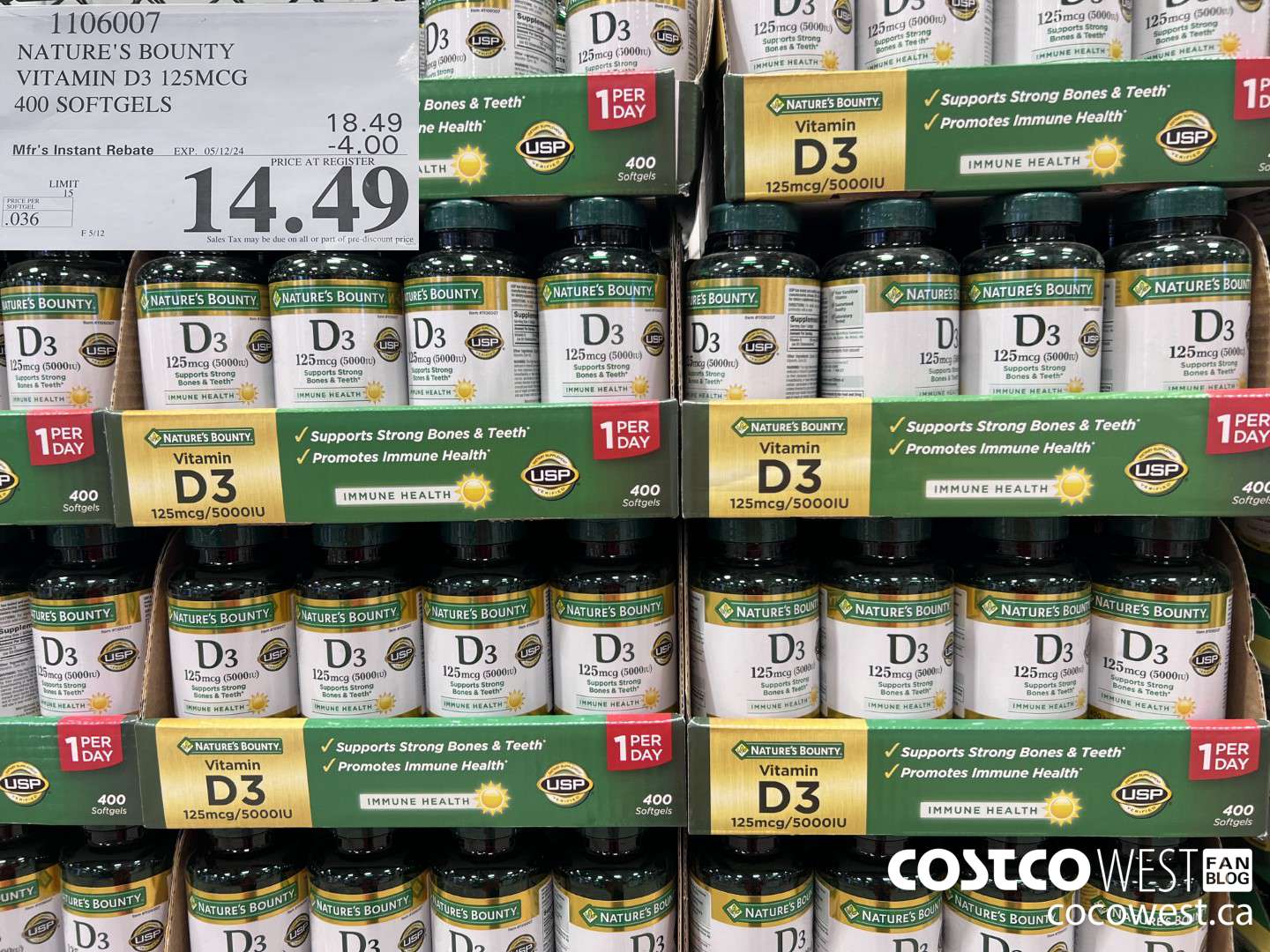 1106007 NATURE'S BOUNTY VITAMIN D3 125MCG 400 SOFTGELS ($4.00 INSTANT SAVINGS EXPIRES ON 2024-05-12) $14.49