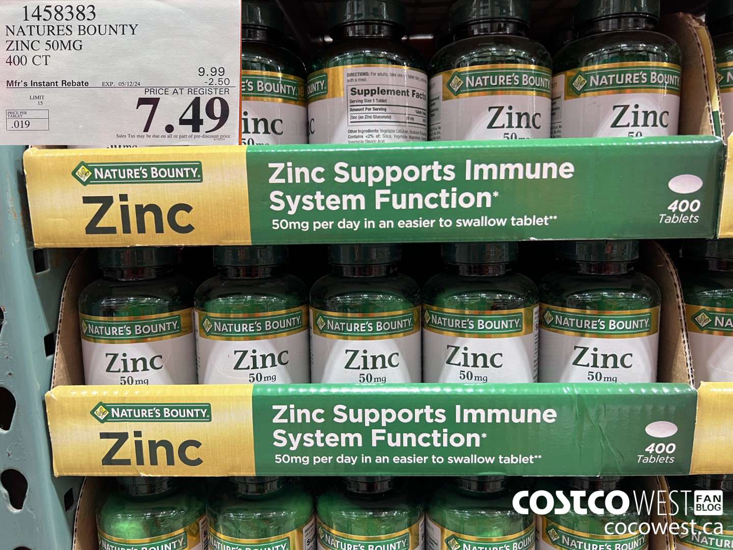 1458383 NATURE'S BOUNTY ZINC 50MG 400 CT ($2.50 INSTANT SAVINGS EXPIRES ON 2024-05-12) $7.49
