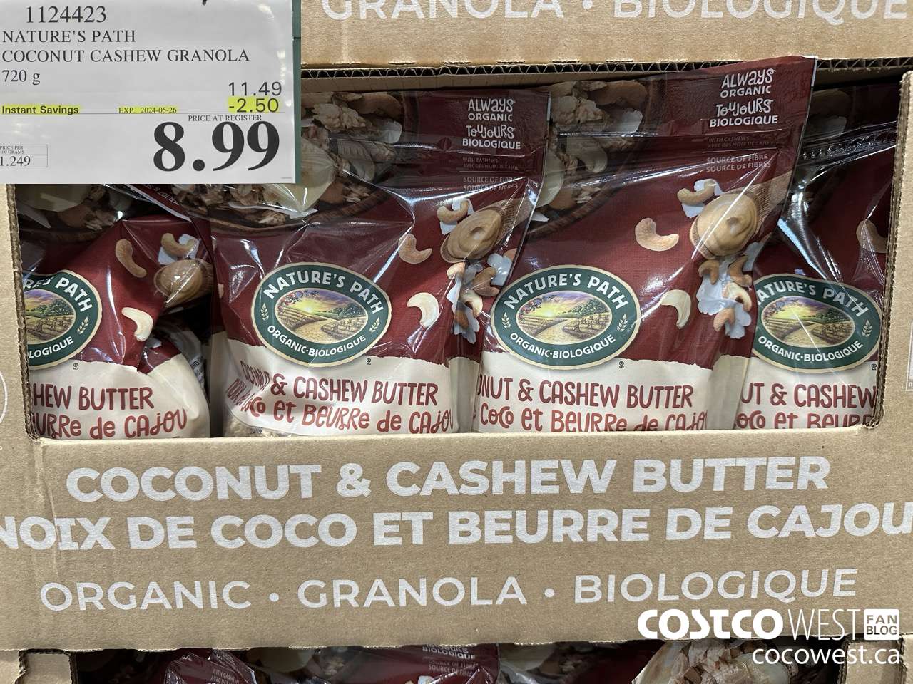 1124423 NATURE'S PATH COCONUT CASHEW GRANOLA 720 g ($2.50 INSTANT SAVINGS EXPIRES ON 2024-05-26) $8.99