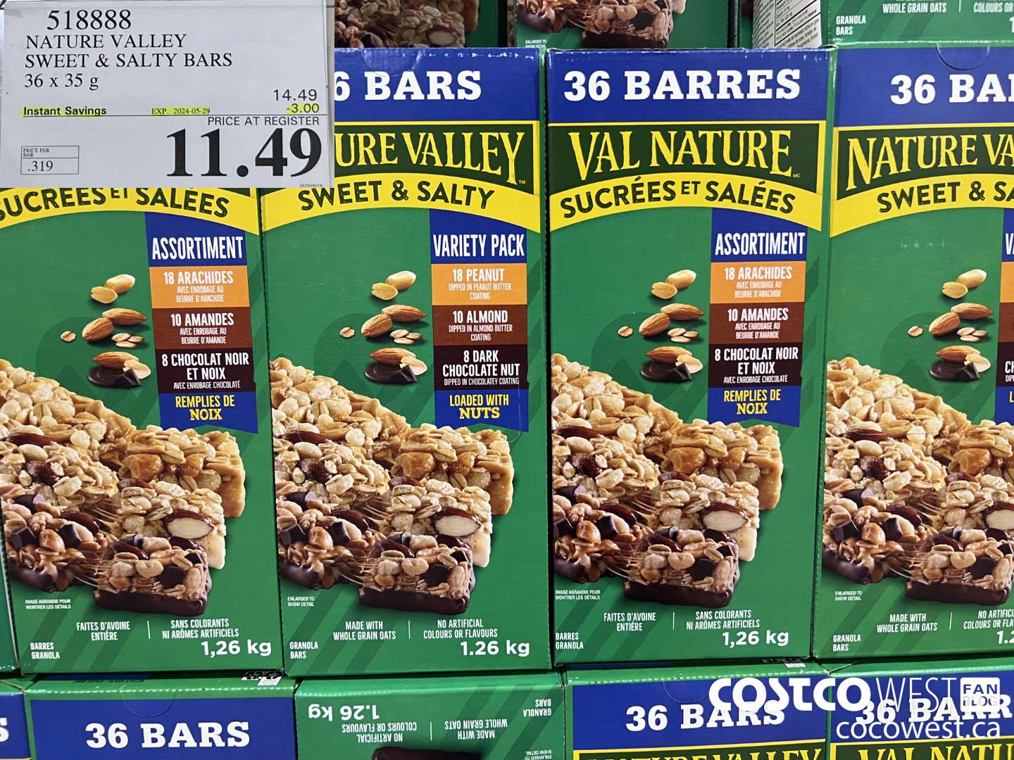 518888 NATURE VALLEY SWEET & SALTY BARS 36 X 35 G ($3.00 INSTANT SAVINGS EXPIRES ON 2024-05-19) $11.49