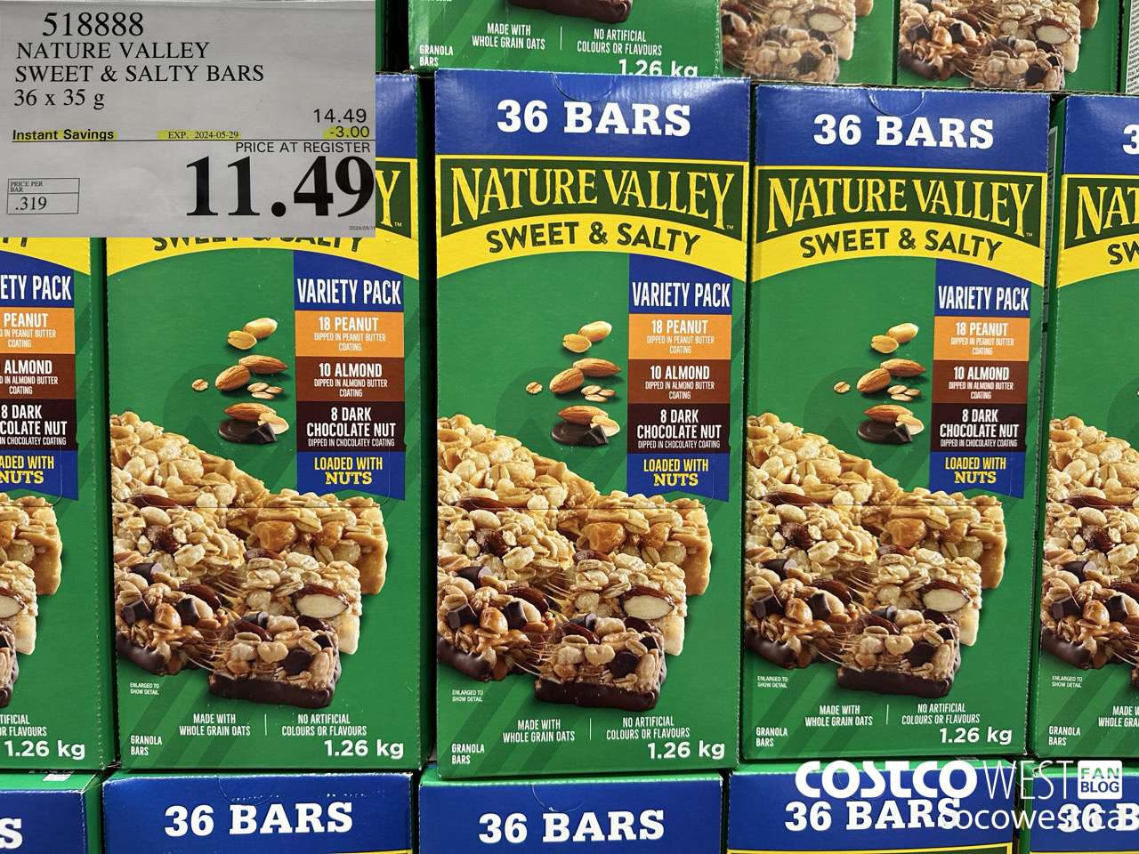 518888 NATURE VALLEY SWEET & SALTY BARS 36 X 35 G ($3.00 INSTANT SAVINGS EXPIRES ON 2024-05-29) $11.49