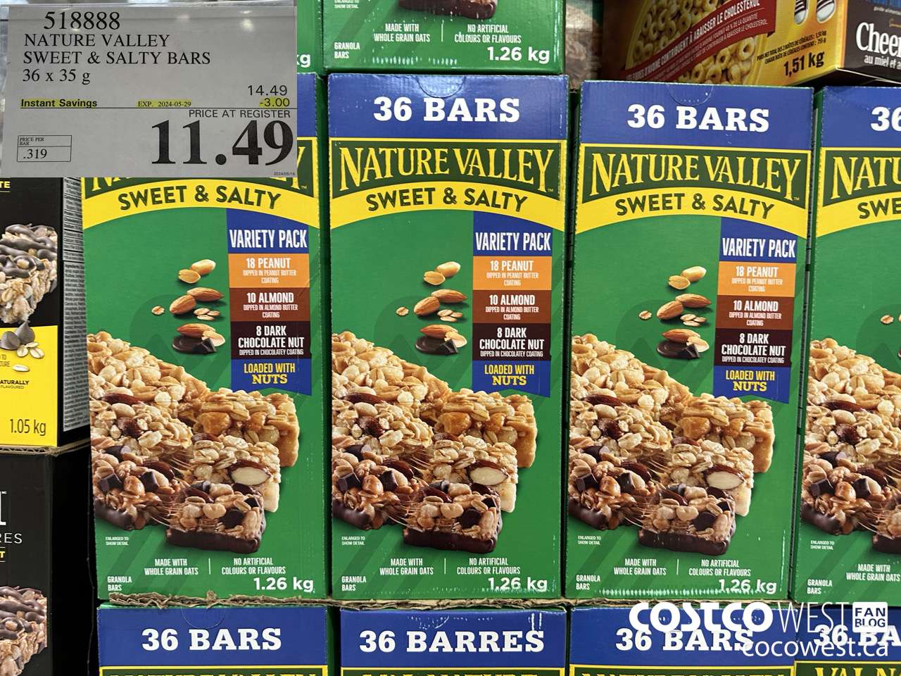 518888 NATURE VALLEY SWEET & SALTY BARS 36 X 35 G ($3.00 INSTANT SAVINGS EXPIRES ON 2024-05-29) $11.49
