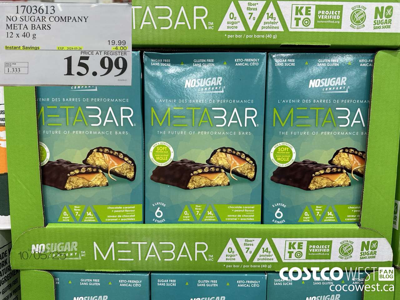 1703613 NO SUGAR COMPANY META BARS 12 x 40g ($4.00 INSTANT SAVINGS EXPIRES ON 2024-05-26) $15.99