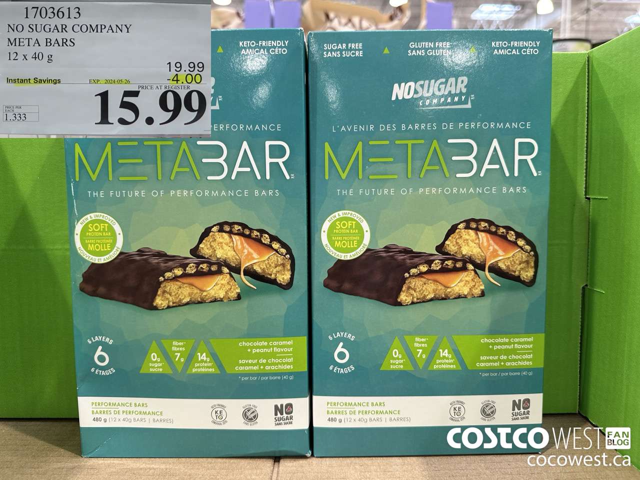 1703613 NO SUGAR COMPANY META BARS 12 x 40g ($4.00 INSTANT SAVINGS EXPIRES ON 2024-05-26) $15.99