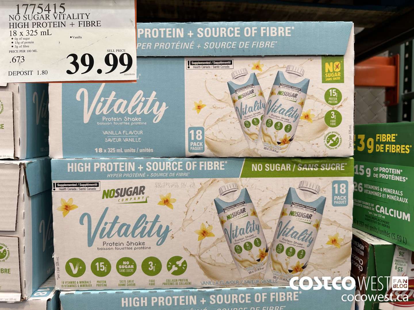 1775415 NO SUGAR VITALITY HIGH PROTEIN + FIBRE 18 x 325 mL $39.99