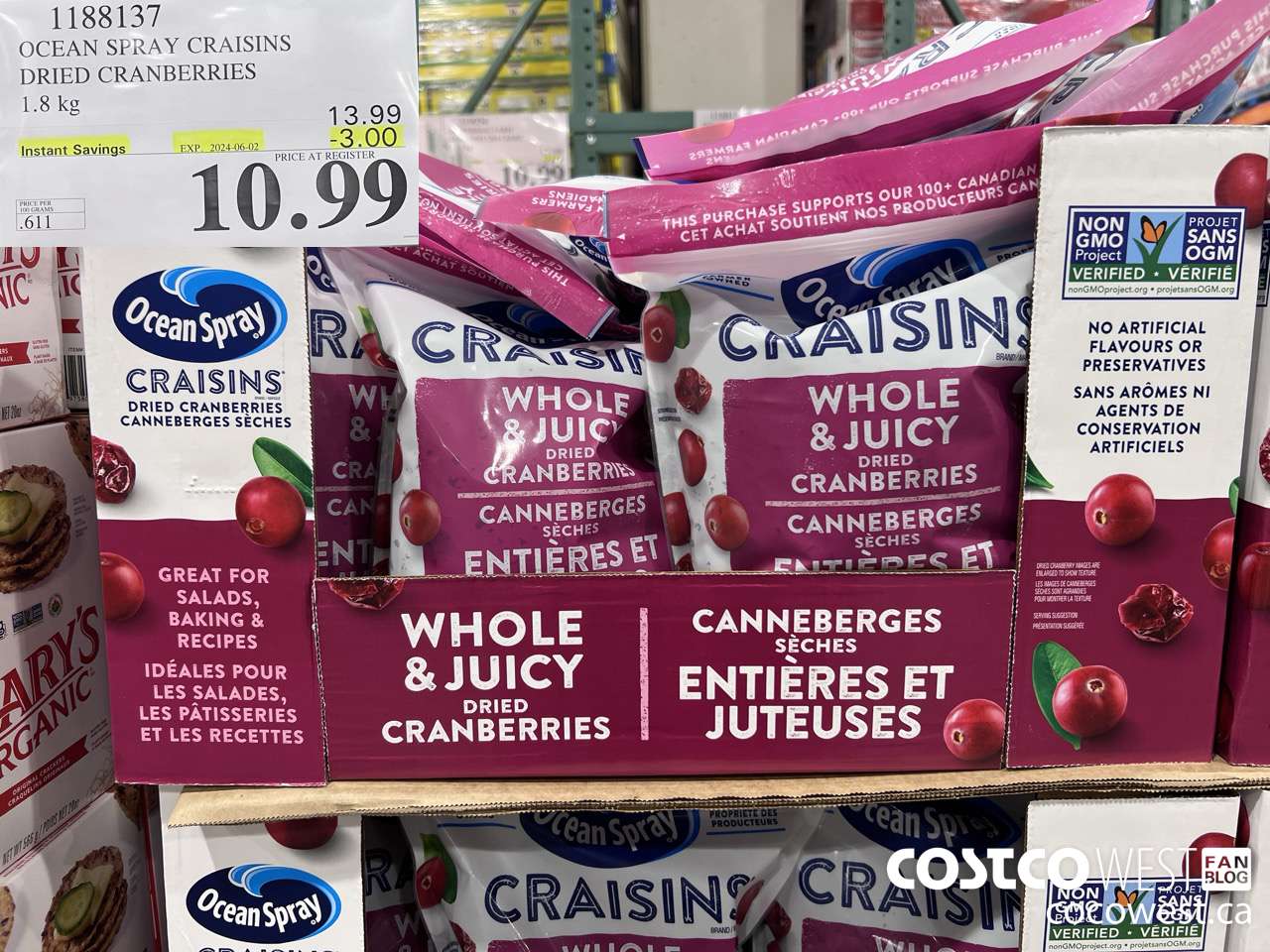 1188137 OCEAN SPRAY CRAISINS DRIED CRANBERRIES 1.8 KG ($3.00 INSTANT SAVINGS EXPIRES ON 2024-06-02) $10.99
