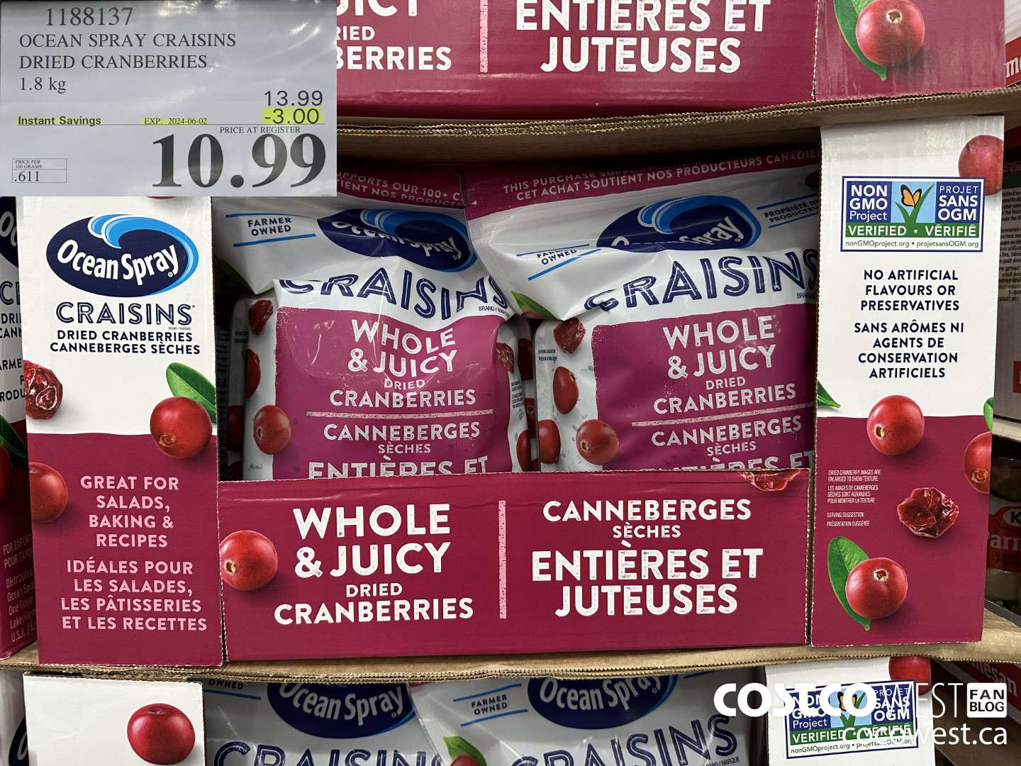1188137 OCEAN SPRAY CRAISINS DRIED CRANBERRIES 1.8 KG ($3.00 INSTANT SAVINGS EXPIRES ON 2024-06-02) $10.99