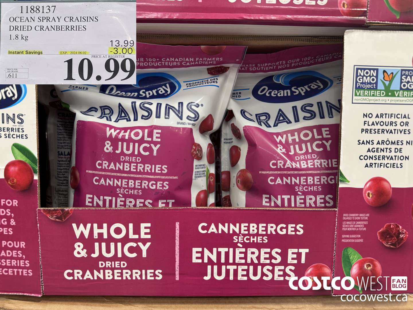1188137 OCEAN SPRAY CRAISINS DRIED CRANBERRIES 1.8 KG ($3.00 INSTANT SAVINGS EXPIRES ON 2024-06-02) $10.99