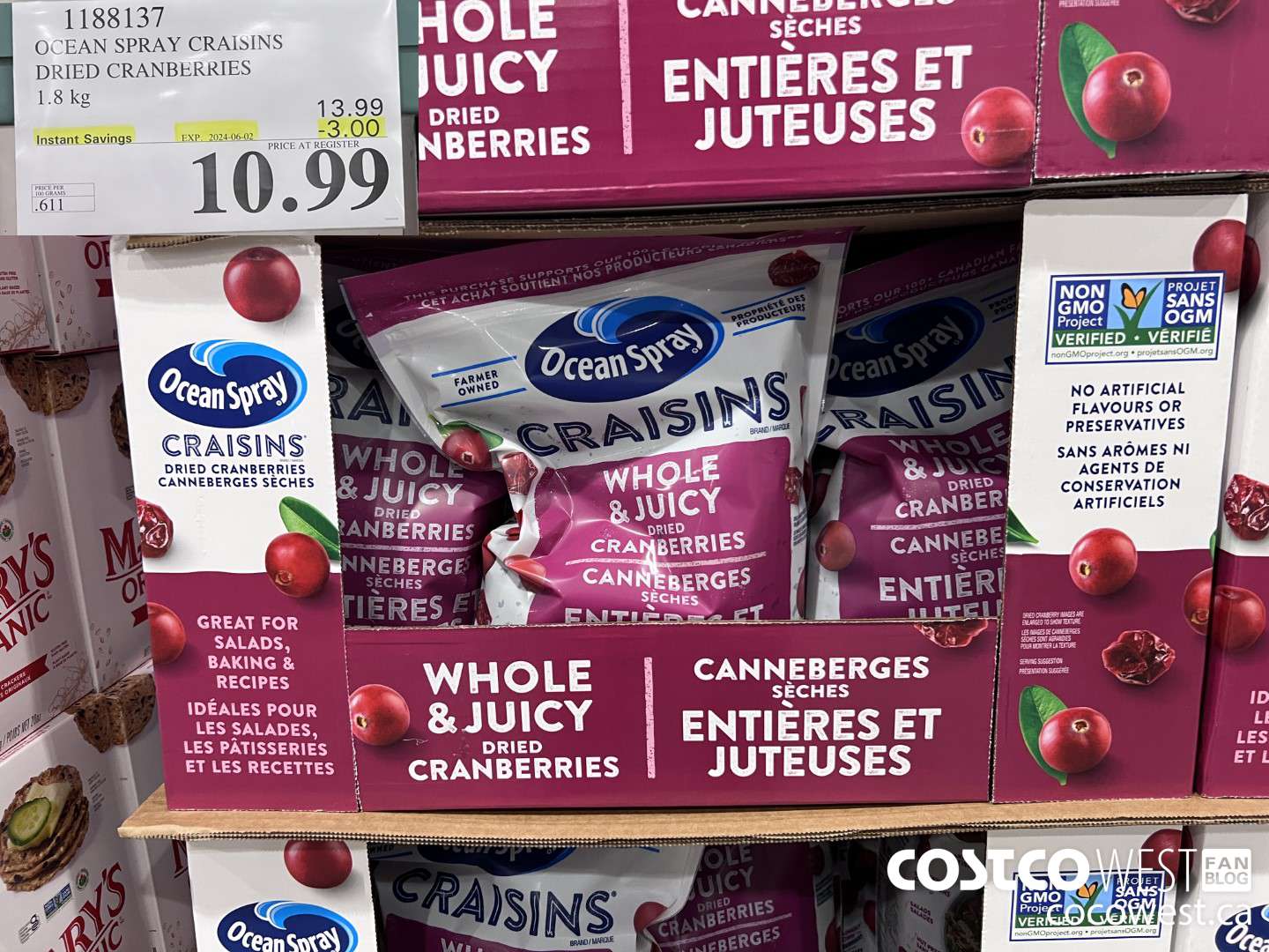 1188137 OCEAN SPRAY CRAISINS DRIED CRANBERRIES 1.8 KG ($3.00 INSTANT SAVINGS EXPIRES ON 2024-06-02) $10.99