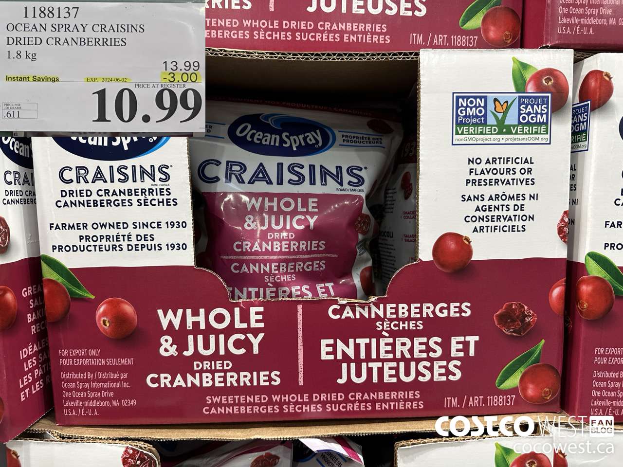 1188137 OCEAN SPRAY CRAISINS DRIED CRANBERRIES 1.8 KG ($3.00 INSTANT SAVINGS EXPIRES ON 2024-06-02) $10.99