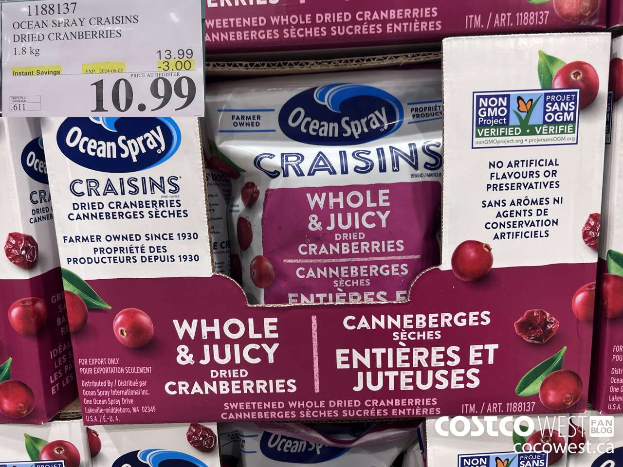 1188137 OCEAN SPRAY CRAISINS DRIED CRANBERRIES 1.8 KG ($3.00 INSTANT SAVINGS EXPIRES ON 2024-06-02) $10.99