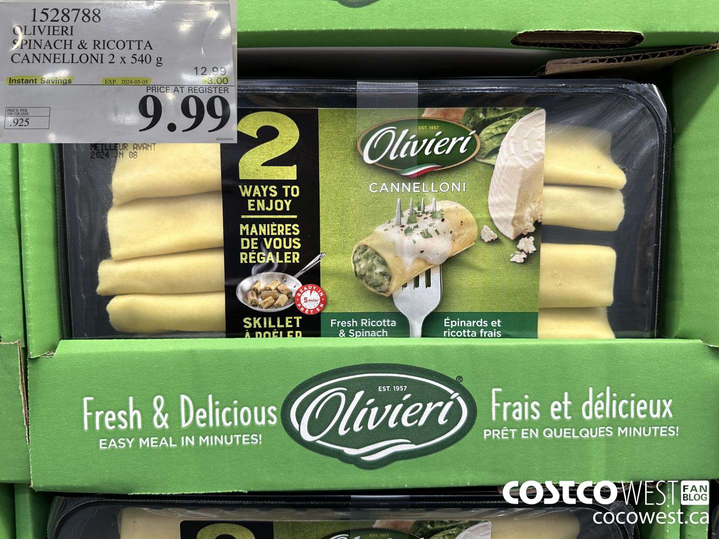 1528788 OLIVIERI SPINACH & RICOTTA CANNELLONI 2 x 540 g ($3.00 INSTANT SAVINGS EXPIRES ON 2024-05-05) $9.99