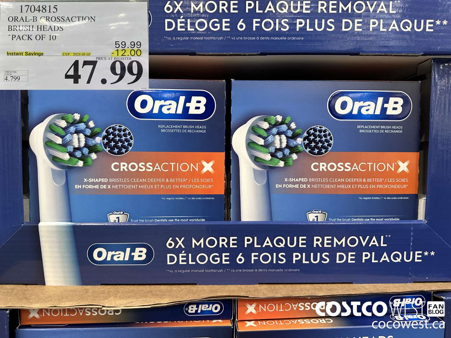 1704815 ORAL-B CROSSACTION BRUSH HEADS PACK OF 10 ($12.00 INSTANT SAVINGS EXPIRES ON 2024-05-05) $47.99