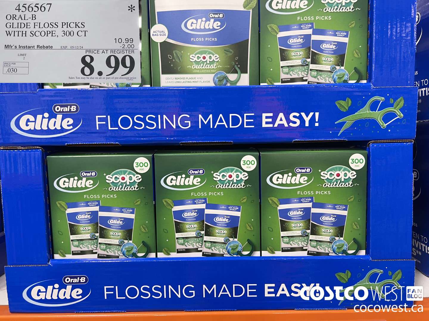 456567 ORAL-B GLIDE FLOSS PICKS WITH SCOPE, 300 CT ($2.00 INSTANT SAVINGS EXPIRES ON 2024-05-12) $8.99